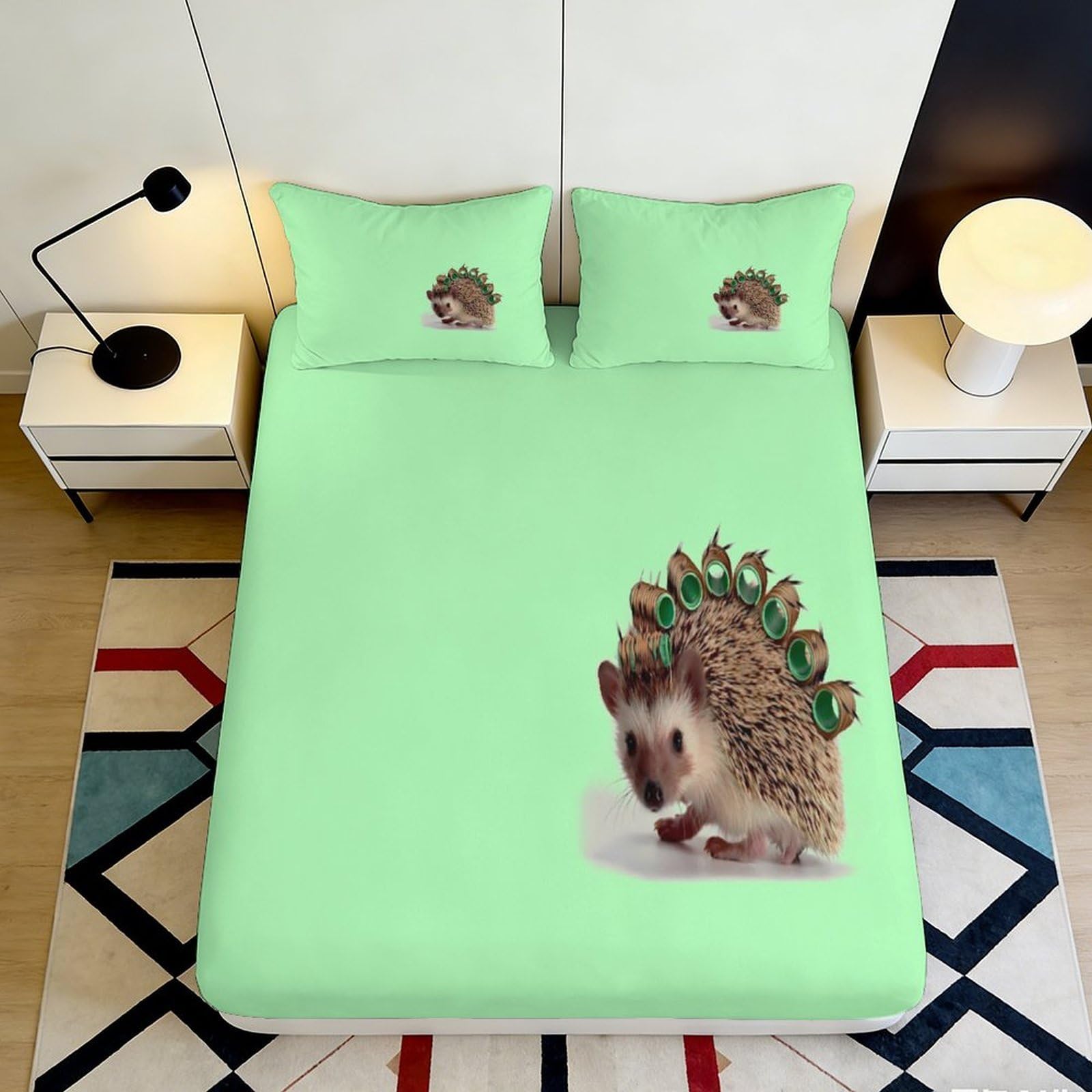 3D Printed Hedgehog Pattern Fitted Sheet Microfiber Soft Breathable Peacock Feather Bed Cover for Bedroom Dormitory Guest Room Mattress Protection 140x200x25cm