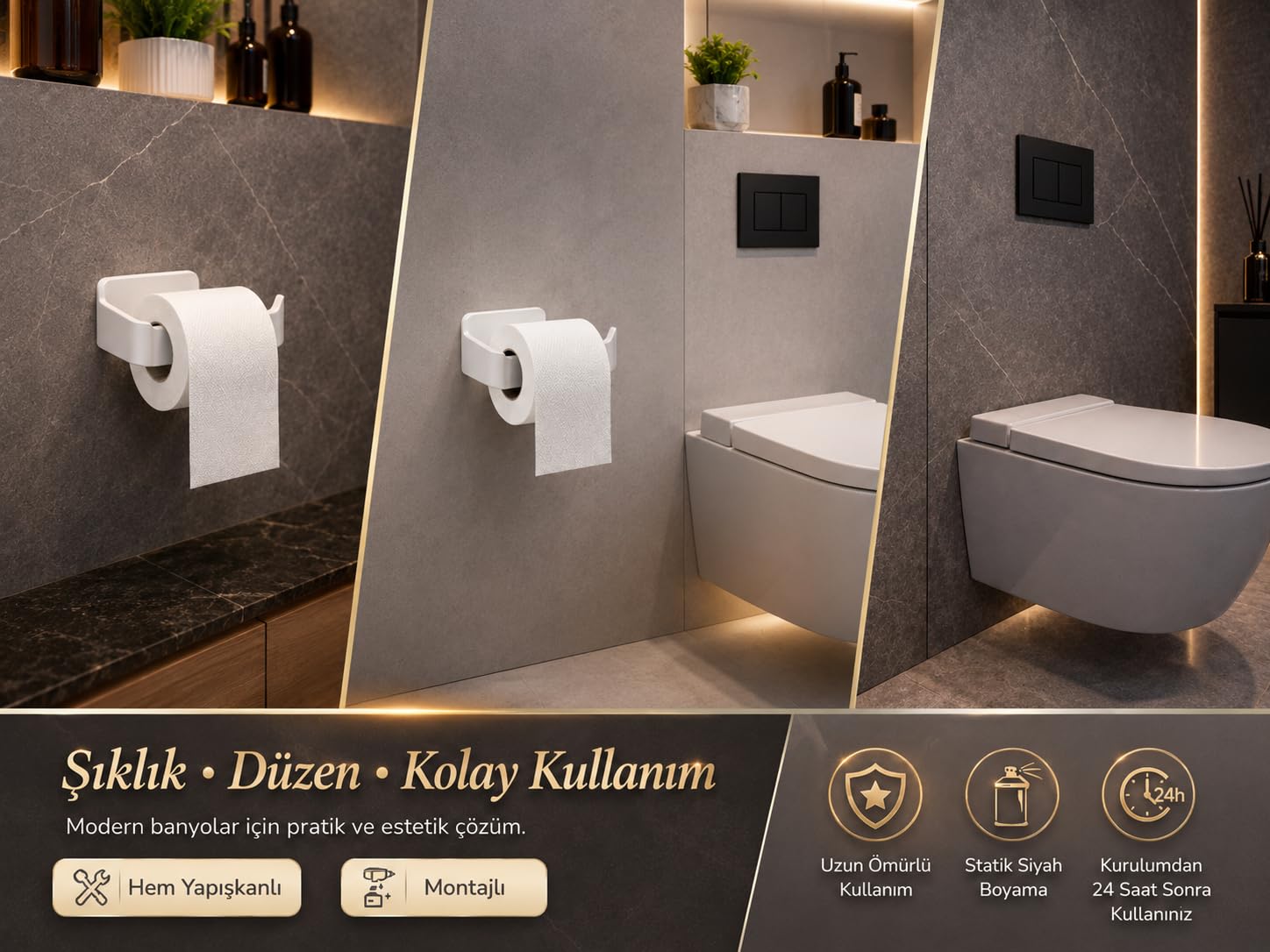 Alper Banyo Beyaz Lamalı Tuvalet Kağıtlığı, WC Kağıt Askılığı, Hem Yapışkanlı Hem Vidalı Montajlı, Açık Uç Tasarımlı Banyo Tuvalet Kağıdı Tutucu