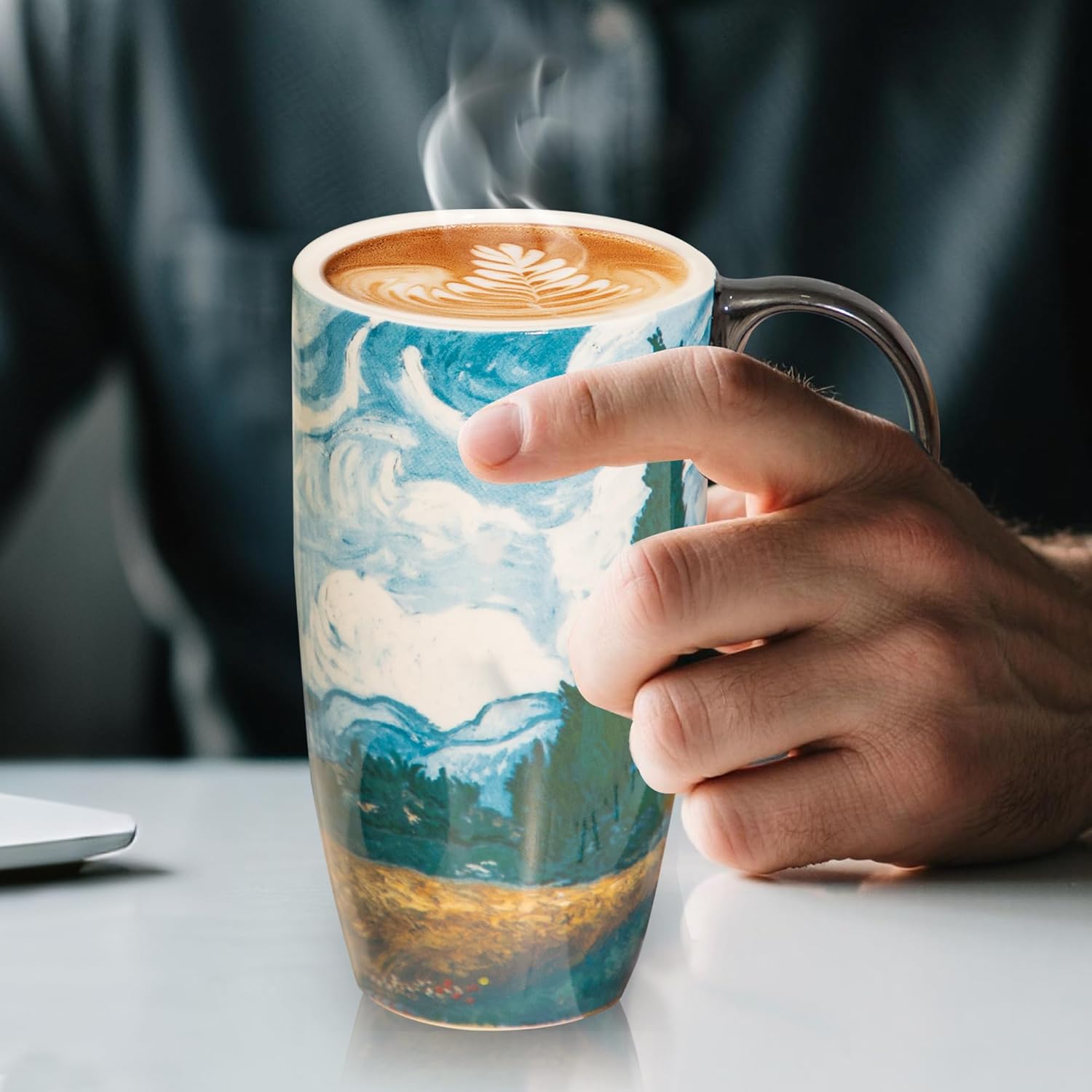 Topadorn Ceramic Coffee Travel Mug with Gift Box, 17 Oz Tea Cups with Handle & Lid for Latte, Tea, Cappuccino, Milk, Cocoa, Microwave&Dishwasher Safe, Wheat Field and Cypress - Image 5