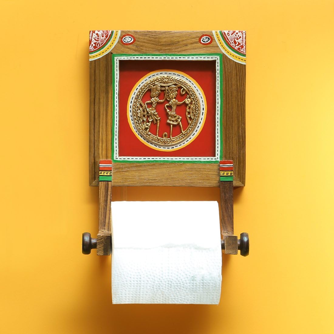 ExclusiveLane Brass-y on Wood Warli Hand-Painted Sheesham Wood Tissue Holder, Brown and Red
