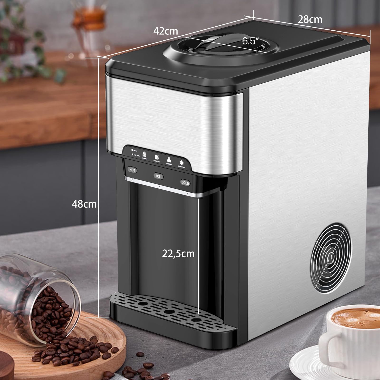 SOARS Machine A Glacons 3 en 1, Distributeur Eau Froide & Chaude, Réservoir d'Eau de 3L, Fabrication Glace 19KG/24H, Refroidissement par Compresseur pour Maison, Bureau