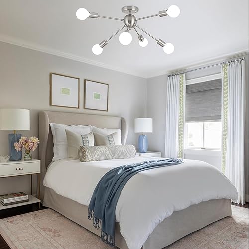 Miniatura 7 de LASENCHOO Candelabros Sputnik de 6 luces, moderna lámpara de techo semiempotrada, lámpara colgante de mediados de siglo, lámpara de techo de níquel