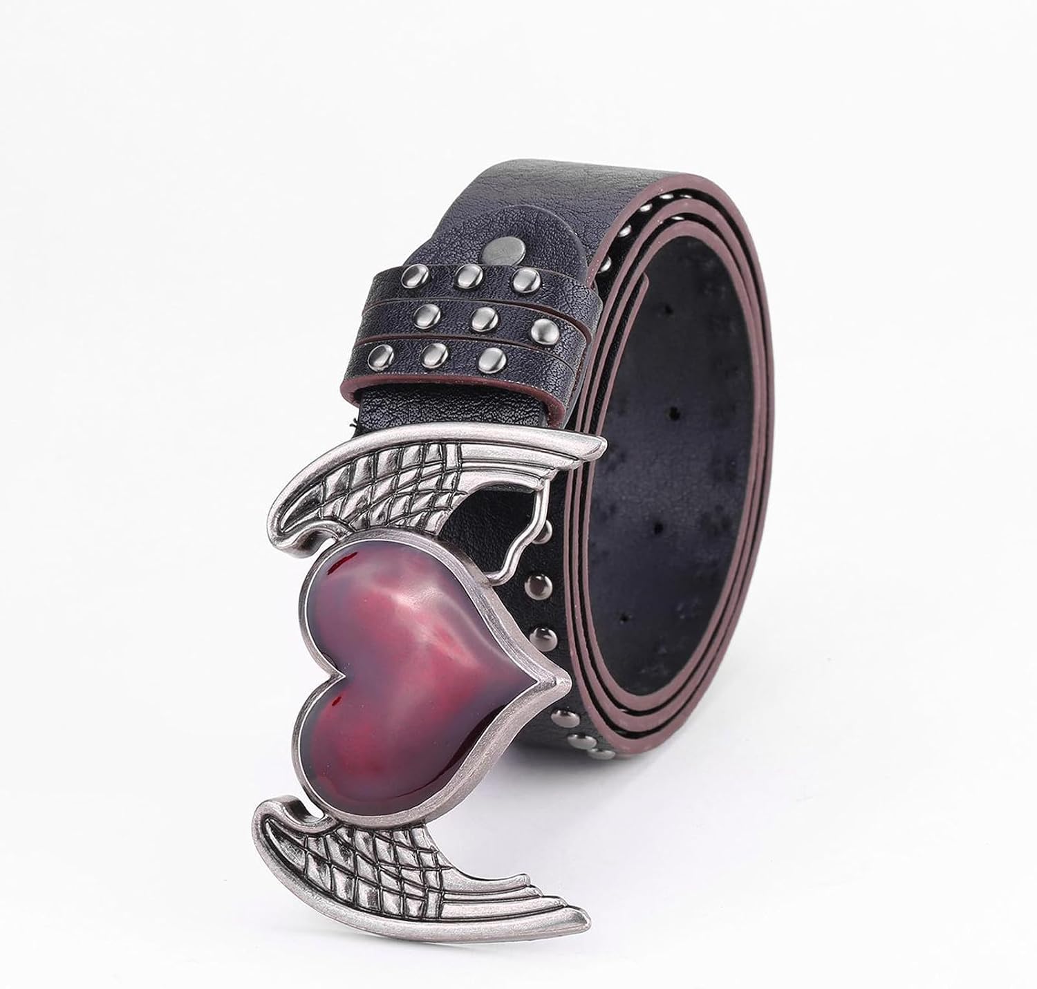 Heart Wing Studded Belt, Punk Gothic PU Leather Waist Belt with Vintage Enamel Buckle Y2k Rock Emo Grunge Jean Belt