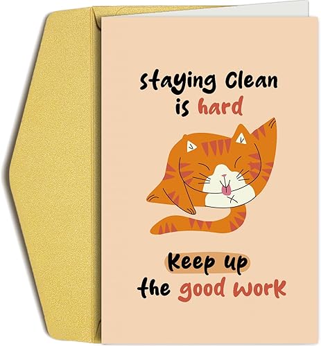 Oamiolek Divertida tarjeta de sobriedad de gato para mujeres y hombres, tarjeta de aniversario sobrio regalo para él y ella, tarjeta de recuperación