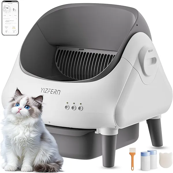 YIZFERN Self Cleaning Litter Box for Multiple Cats, Automatic Cat Litter Box with App Control, Open Top Design, Safety Protection, Ultra-Quiet, Includes Waste Bags, Large Waste Bin & Brush (White)