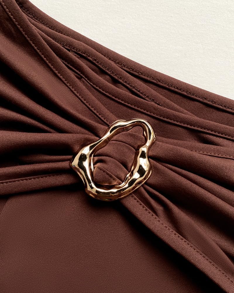 Women‘s Long Sleeve Shirts Cold Shoulder Metal Ring Decor Ruched Top Slim Fit Layering Blouses with Thumb Hole Cuffs