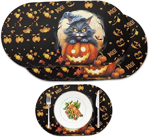 Miniatura 1 de Pumpkin Placemats Oval Placemats Set of 6 Black Cat Table Mats for Dining Tables Washable Heat Resistant Place Mats for Holiday Party Use 12X18 Inch