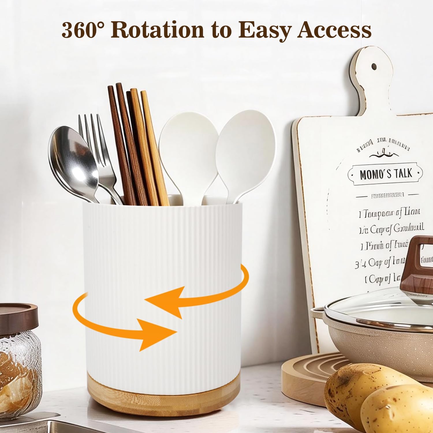 360° Rotating Utensil Holder for Kitchen Countertop, 7.76" Kitchen Utensil Crock, Rotating Utensil Caddy, Ceramic Extra Large Utensil Holder for Kitchen (White)