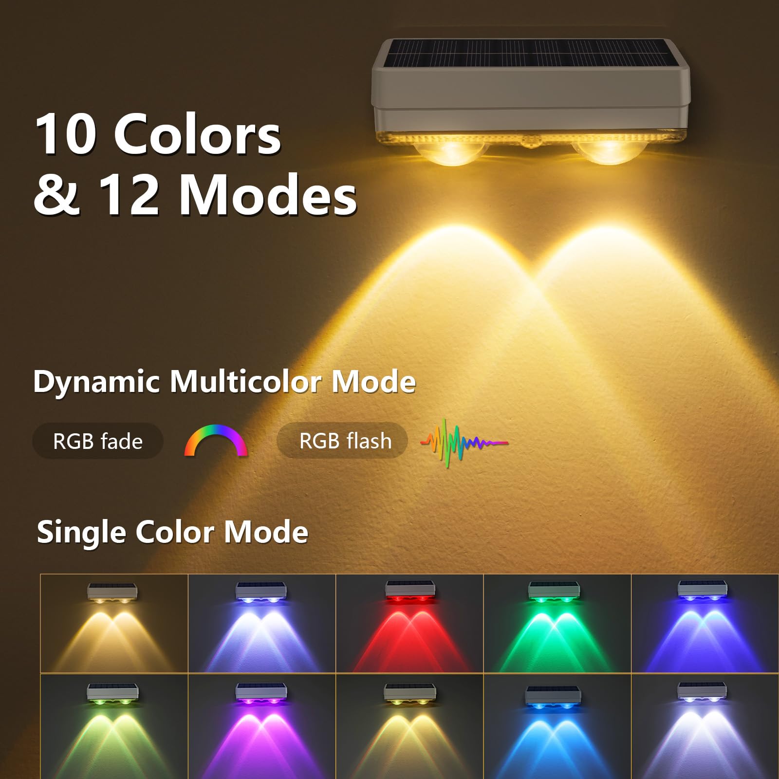 VOLISUN Paquete de 8 luces solares para valla, blanco cálido, blanco frío y color RGB, luces solares LED IP65 impermeables para exteriores, para patio, barandilla, cubierta, valla y pared (blanco)