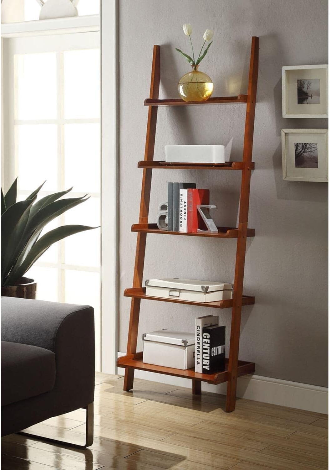 5 Tier Ladder Bookshelf - Solid Pine & Birch Display Shelf - 72" Tall Home Office Storage
