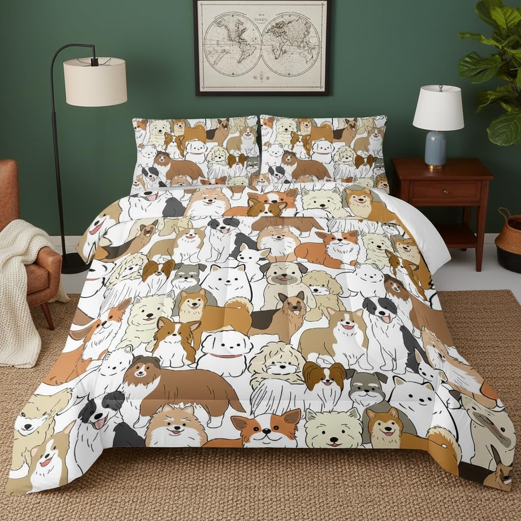 QOOMO Cute Dog Bedding Set, Cartoon Animals Comforter Set Twin Size, Suitability Girs and Boys Black Decorate a Room 1 Comforter Set 2 Pillowcases