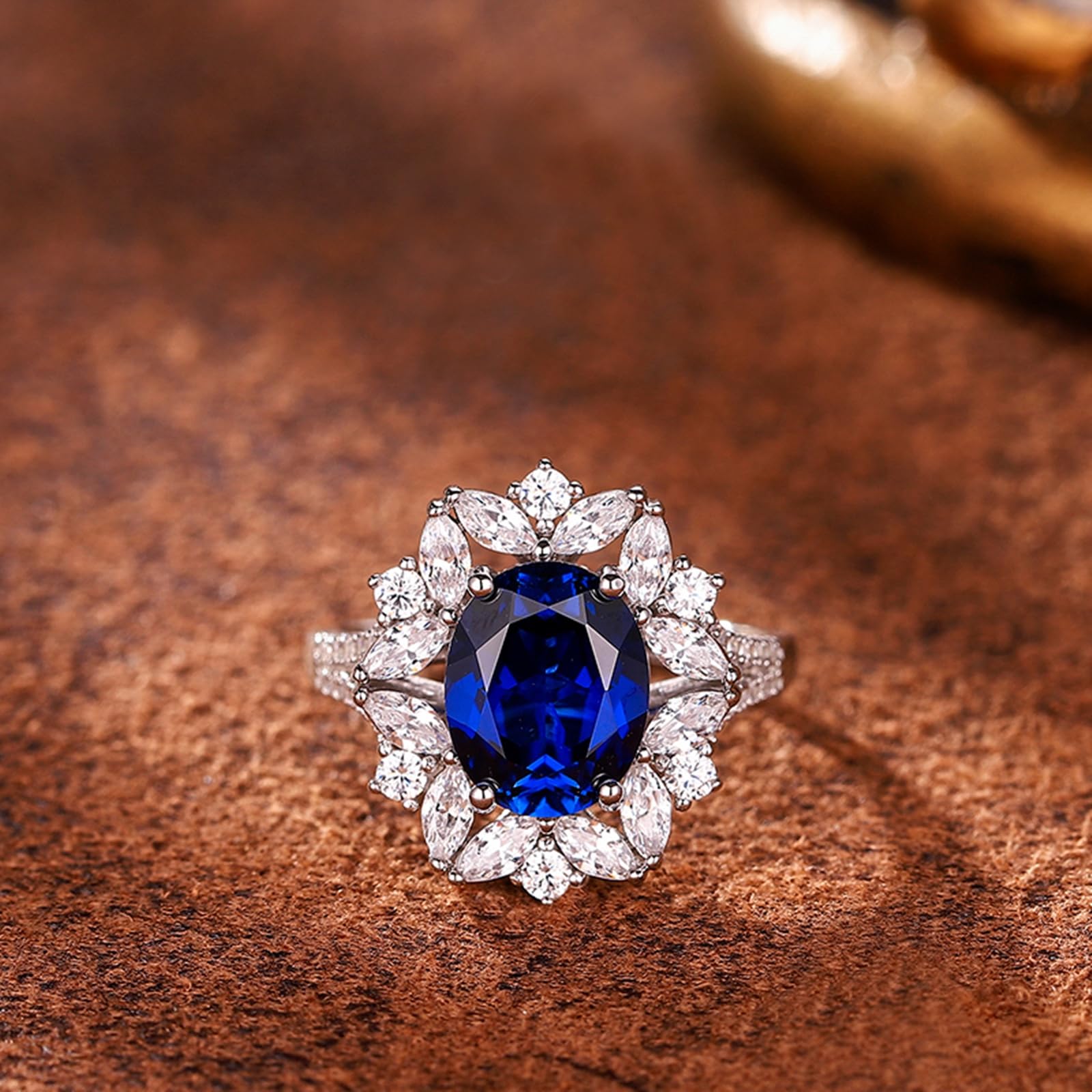 Ring Damen Gold Weiss Luxuriöser ovaler Saphir im Blumendesign (3,7 ct) mit Moissanit, Goldring Echtgold für Sie Größe 47 (15.0)-65 (20.7)| 9K 14K 18K Weißgold | Trendiger Modeschmuck