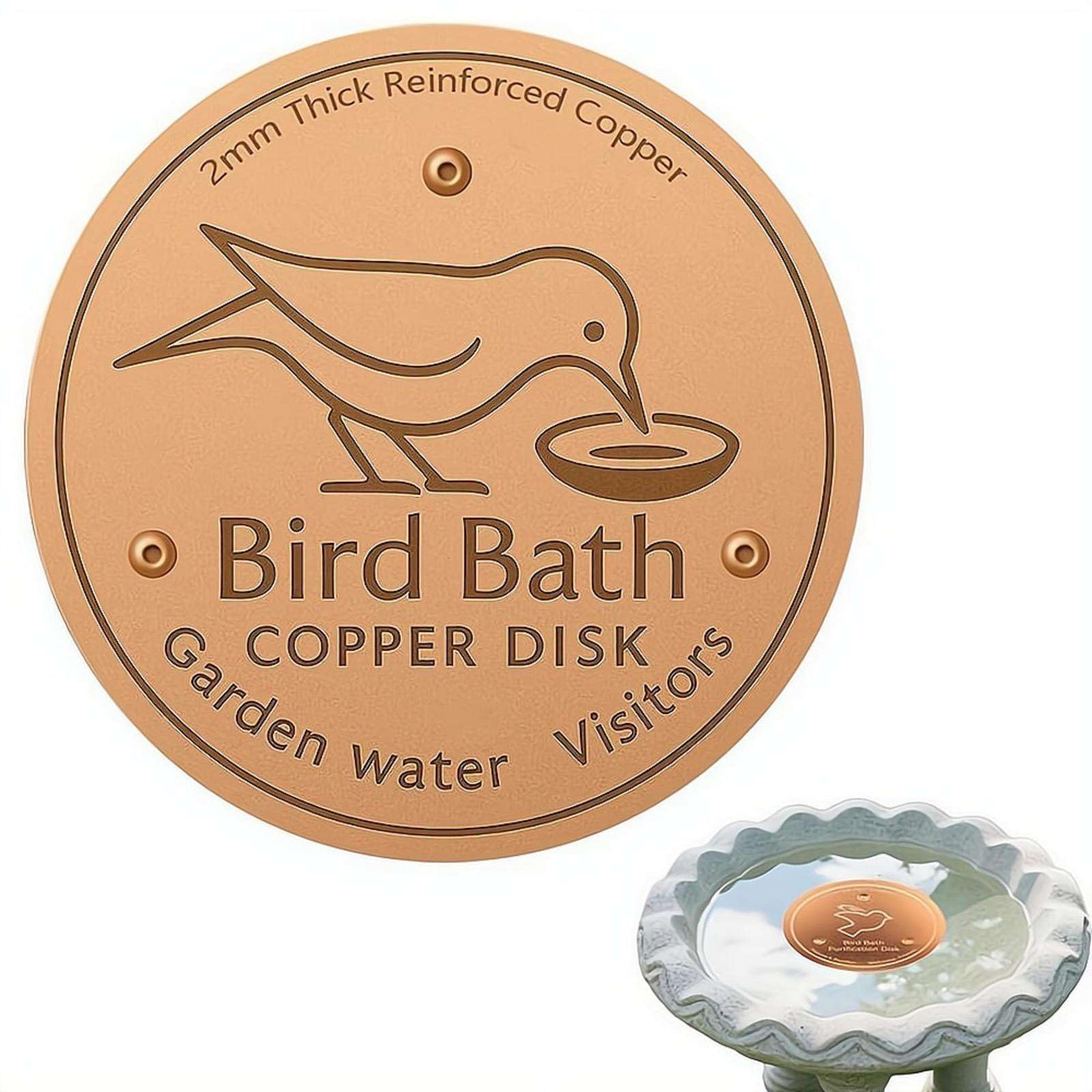 Bird Bath Copper Disk — 2mm Thick 99.9% Pure Copper Bird Bath Cleaner Disk, All-Season Natural Water Purifier for Outdoor Birdbaths Bowls Fountains, Elegant Bir-d Engraved Grounded Coin Metal Plate