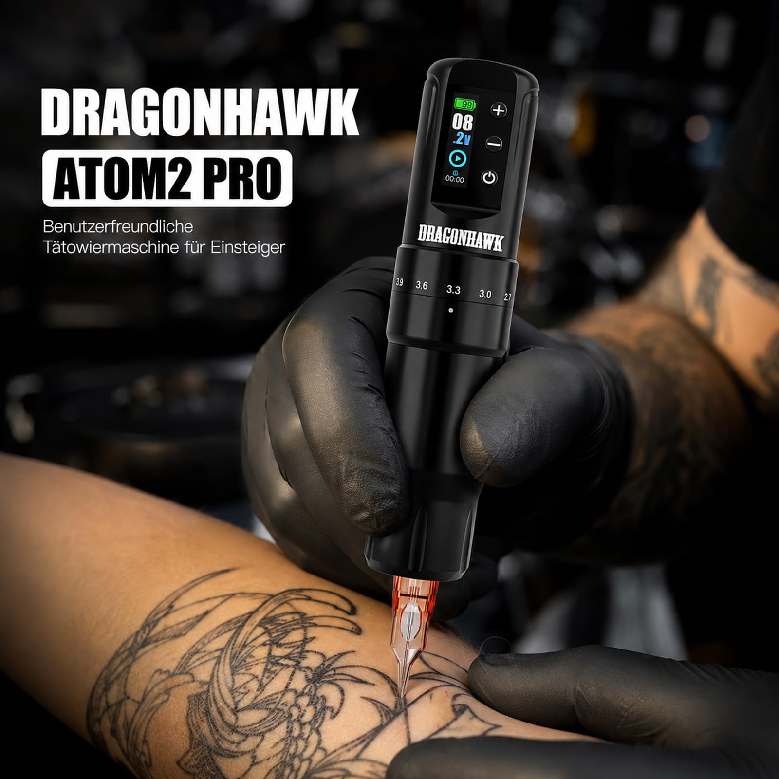 Dragonhawk Atom2 Pro Tattoo Maschine Pen kabellose Tätowiermaschine Rotary Akku Tattoo Gun 7 Strokes Length 2000mAh Batterie für Tattoo Anfänger (MYWQP-082S) | Kabellose Tätowiermaschine mit 2000 mAh 2 Akkus Tattoo Nadeln Vibrationsarm Für Anfänge Linien