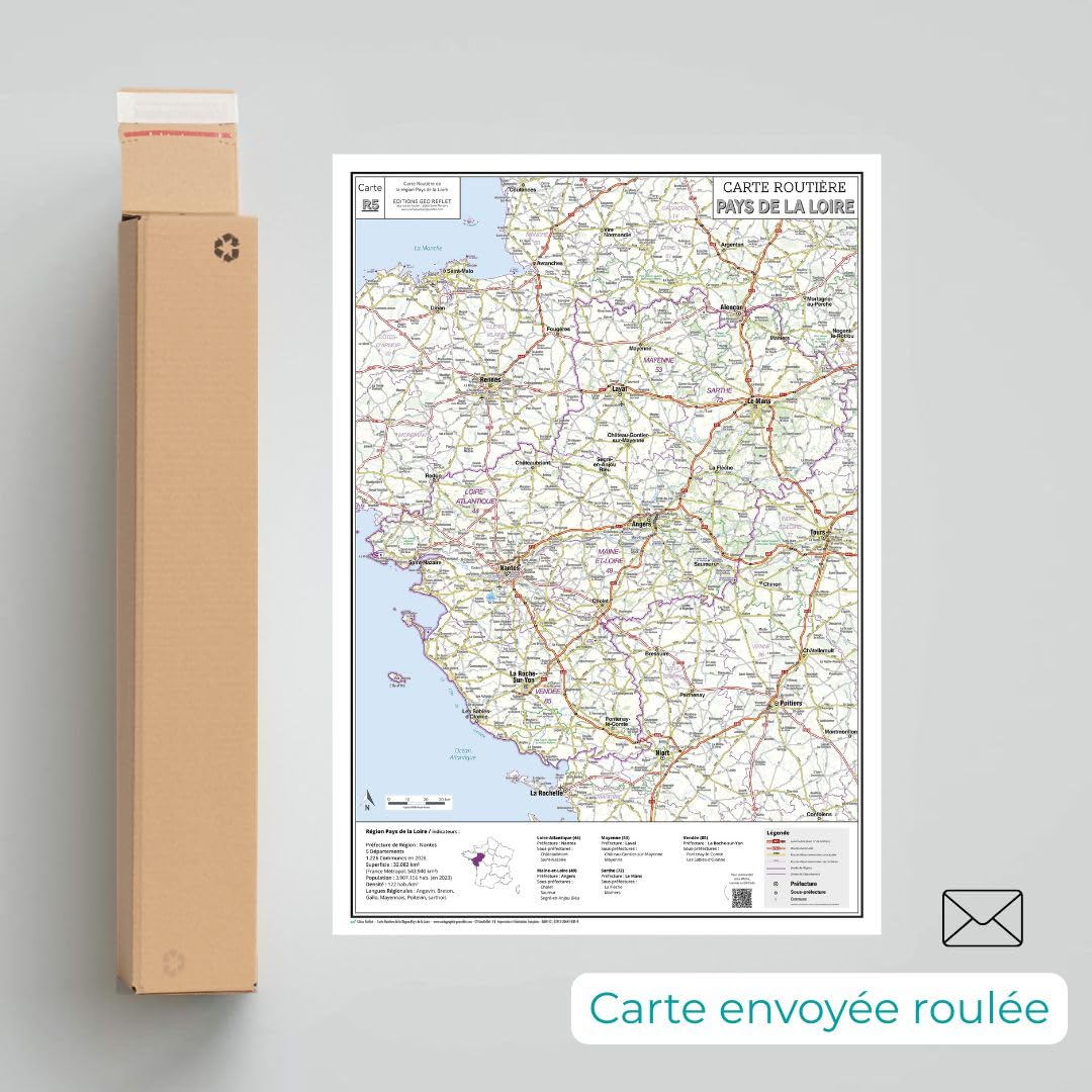 Carte routière de la région Pays de la Loire - Poster plastifié 100x70 cm - Édition 2026