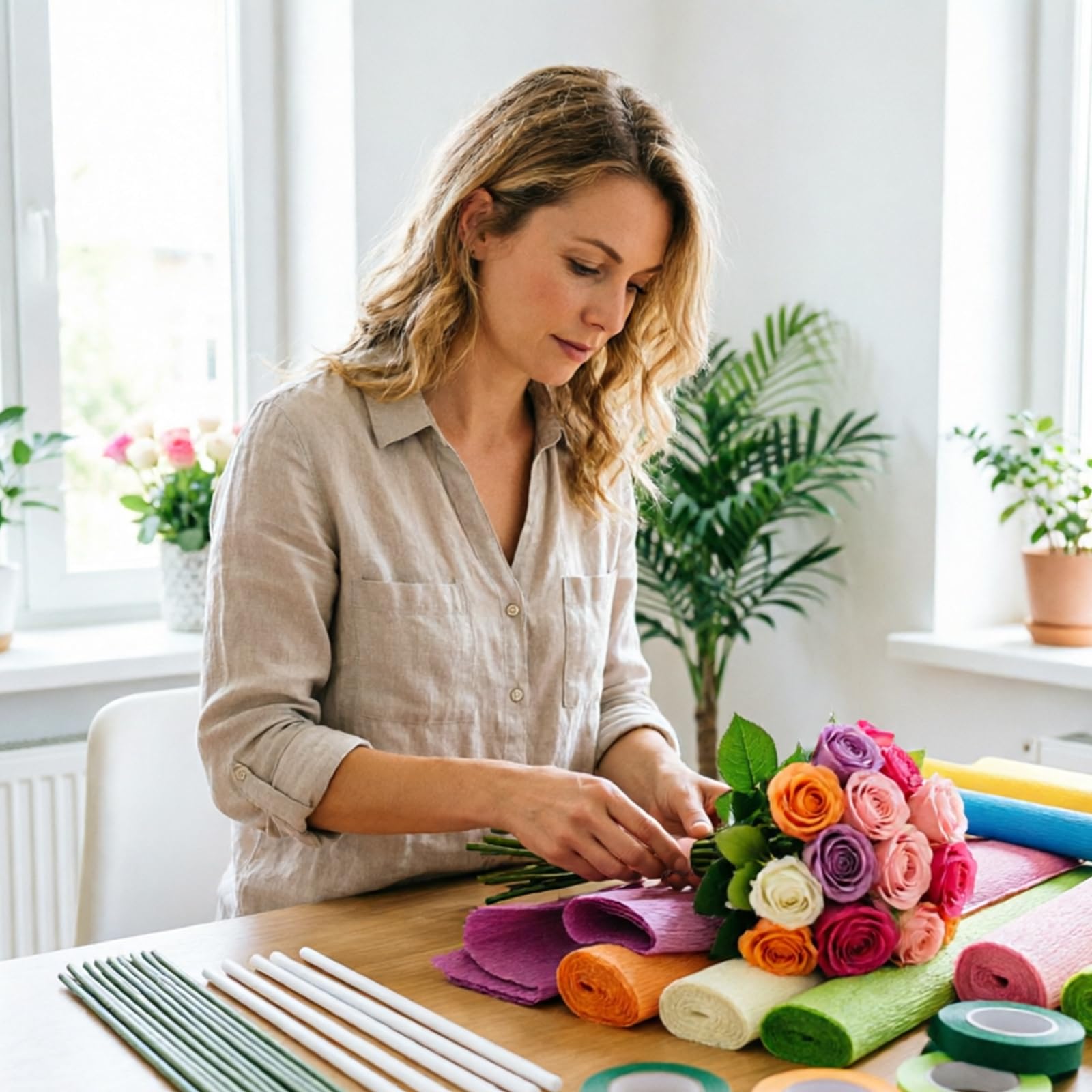 10 Rollen Krepppapier Rollen, Blumen Bastelset für handgefertigte Blumen mit komplettem Zubehör, einschließlich Draht und Klebeband Set Basteln von Papierblumen