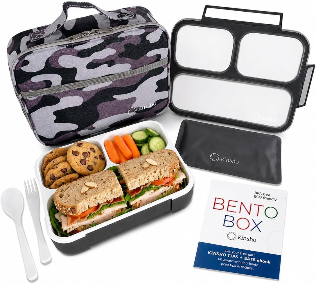 kinsho Camo Lunch Box, Ice Pack Insulated Bag for Teens Adults, Black Gray