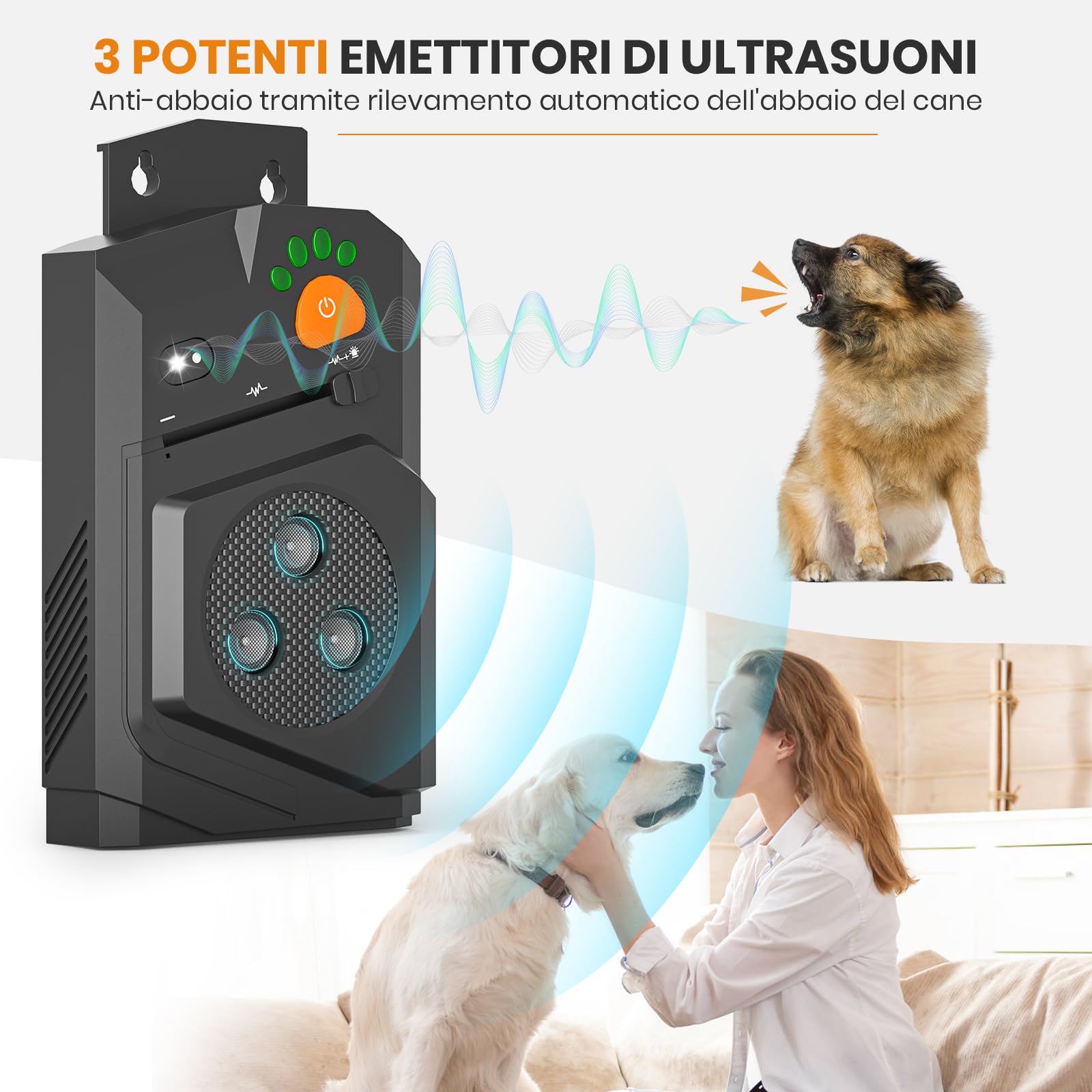 Antiabbaio Per Cani Ultrasuoni – Dispositivo Antiabbaio Per Cani Con Attivazione Automatica, Scacciacani A Ultrasuoni 3 Modalità, Dissuasore Cane Impermeabile IP56, Portata 15m, USB Ricaricabile