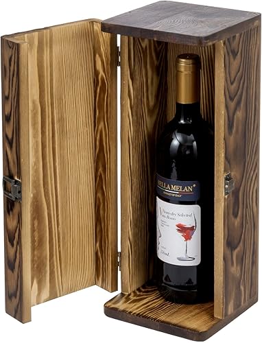 MyGift Soporte para botella de vino individual de madera maciza marrón oscuro rústico quemado, caja de regalo decorativa con cierre de pestillo de