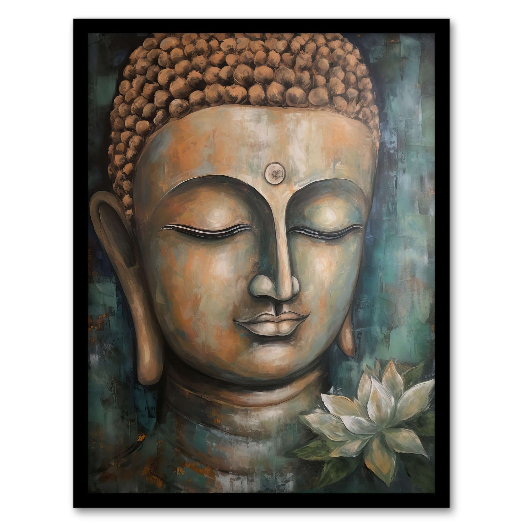 Artery8 Spiritual Meditation Buddha Face Lotus Flower Acrylic Painting Relaxation Spa Treatment Room Art Artwork Framed Wall Art Print A4