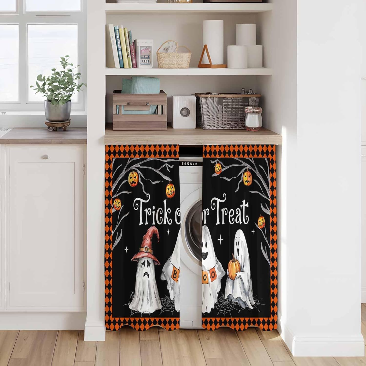 Halloween Ghost Kitchen Curtains 45 Inch Long 2 Panel Set, Rod Pocket Window Treatment, Funny Spooky Pumpkin Orange Plaid Light Filtering Panels Short Drapes for Bathroom Camper 42"W x 45"L