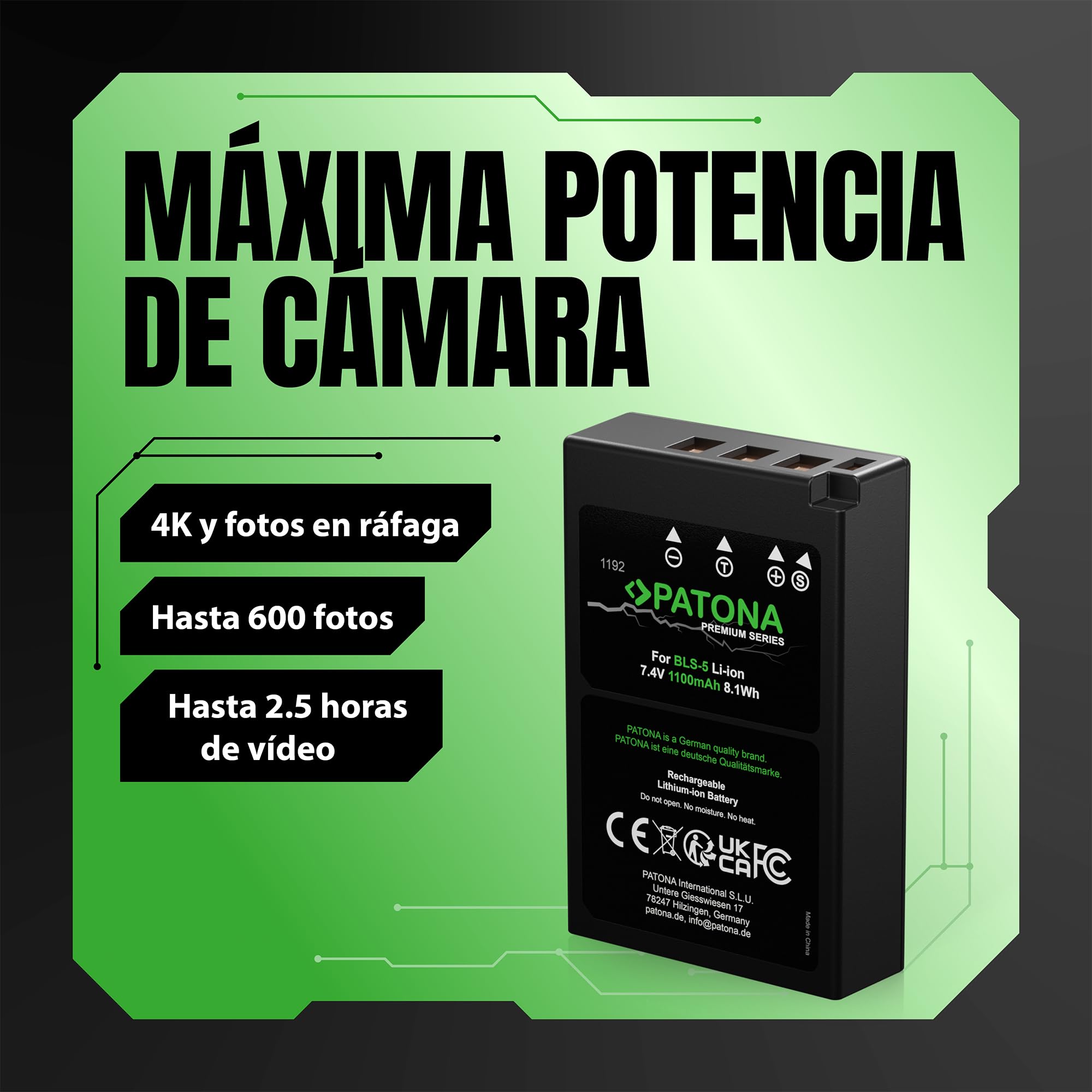 PATONA 2X Premium Batería 1100mAh – Recambio para Olympus BLS-5, BLS-50, PS-BLS5 – para OM-D E-M10 II-IV, E-M5 III, Pen E-P3, E-PL2 a E-PL9, E-PM1, E-PM2, Stylus 1 – una dispara, Otra Carga