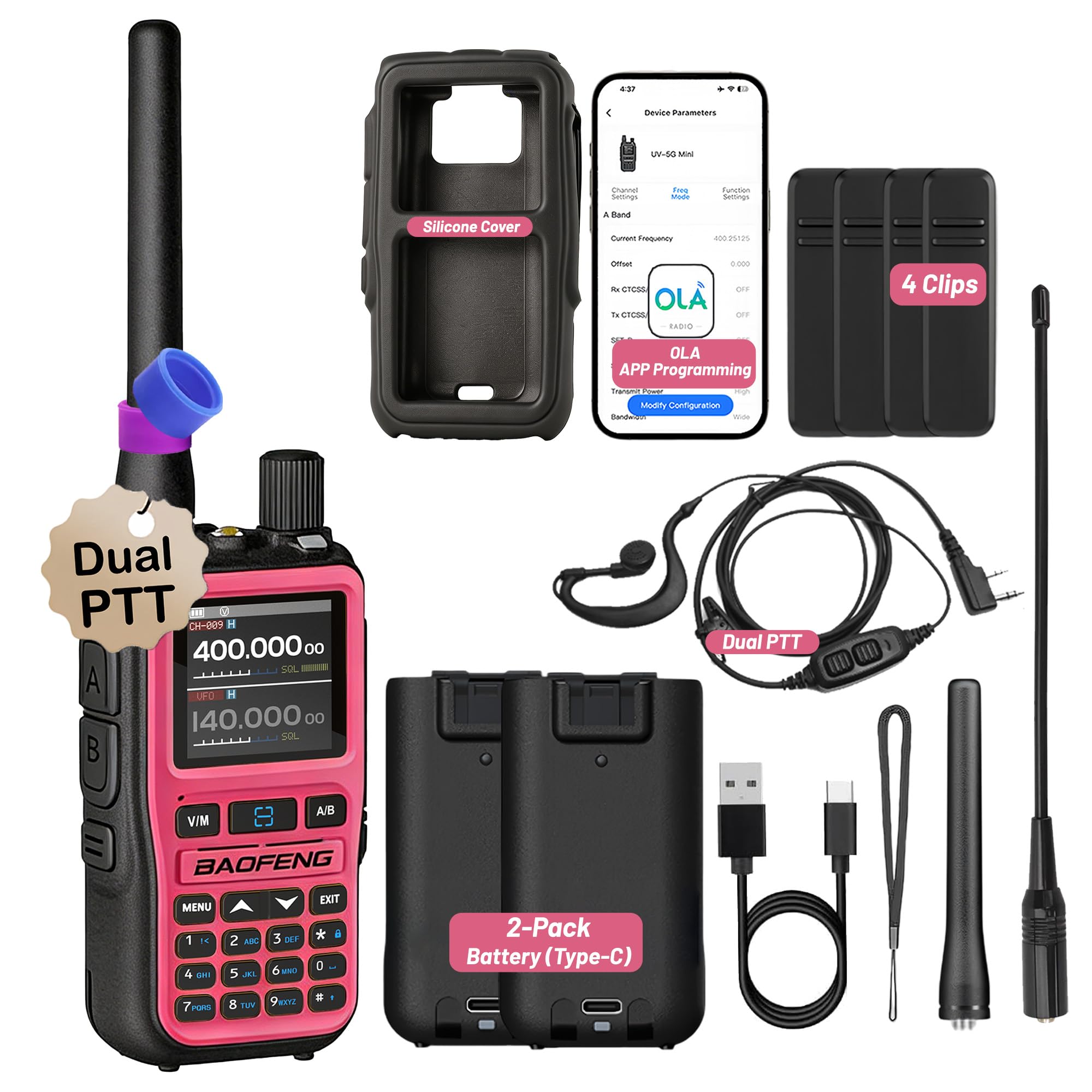 BAOFENG UV-5R Mini Ham Radio – Dual Band VHF/UHF Amateur Radio with Extra Battery Earpiece for Outdoor Field Work - Rechargeable USB-C Handheld Radio Anti-Drop for Hiking Emergency Backup Pink