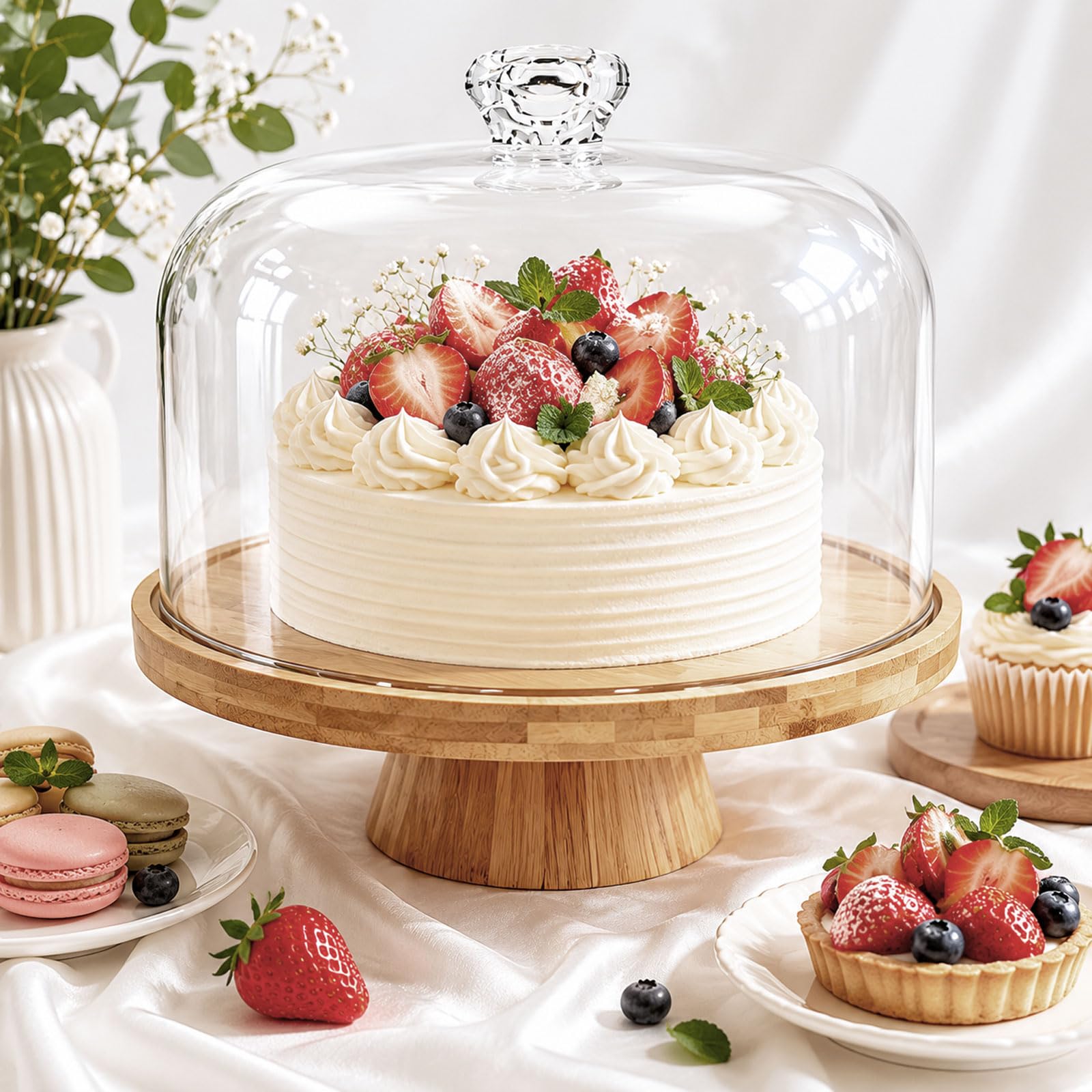 Patera na tort z pokrywką, drewniana patera na tort z pokrywką i nóżką, obracana patera do ciasta, patera na tort, do dekoracji ciast