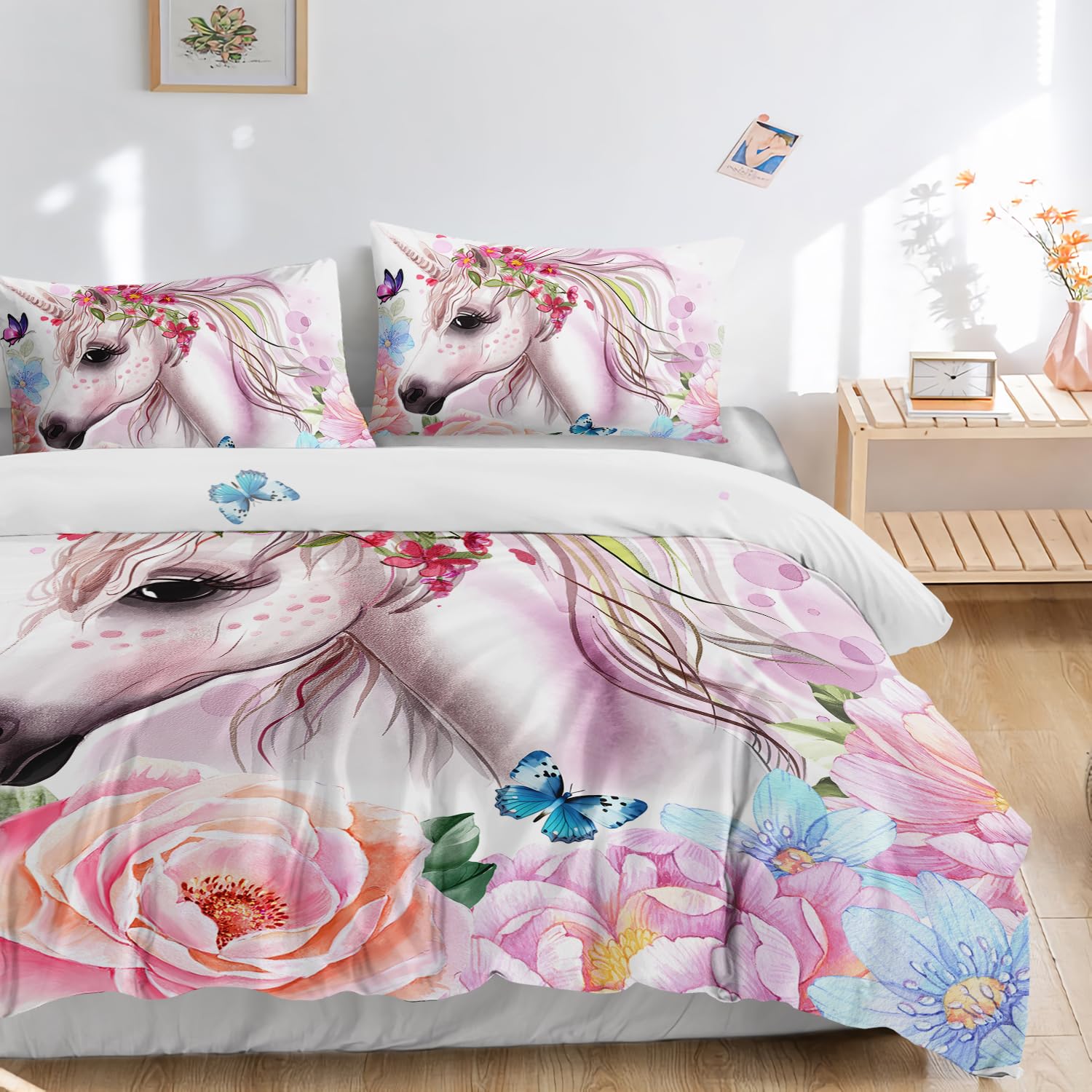 3D Gedruckt Einhorn Bettwäsche, Bunte Bettwäsche Set Geeignet für Kinder/Mädchen/Erwachsene bettwäsche 135 * 200cm,80 * 80cm*1 EFBTTAK005