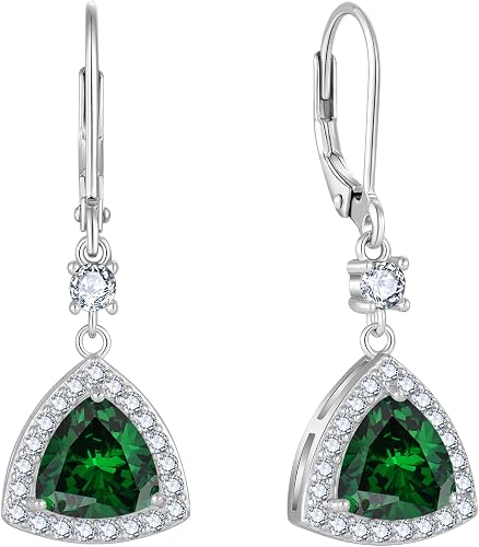 Inpasne Emerald Dangle Drop Earrings for Women 925 Sterling Silver Triangle Halo