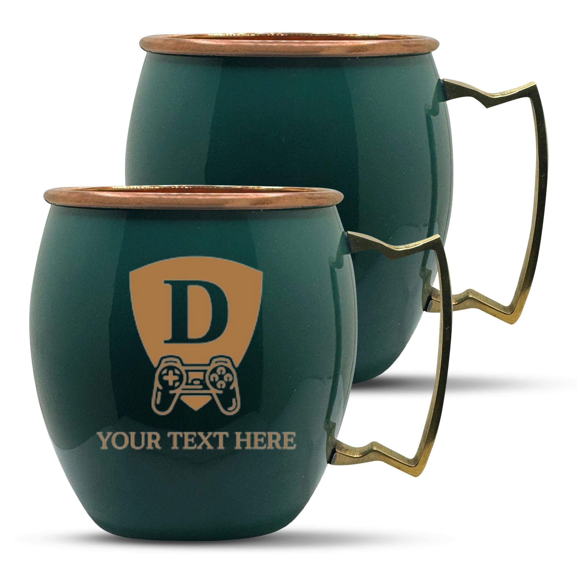 Custom Copper Moscow Mule with Smooth Painted Finish - Engraved Bar Style 100% Copper Cup with Personalized Classic Controller Monogram Gamer Themed Engraving, Brass Handle | 18 oz, Green | Set of 2