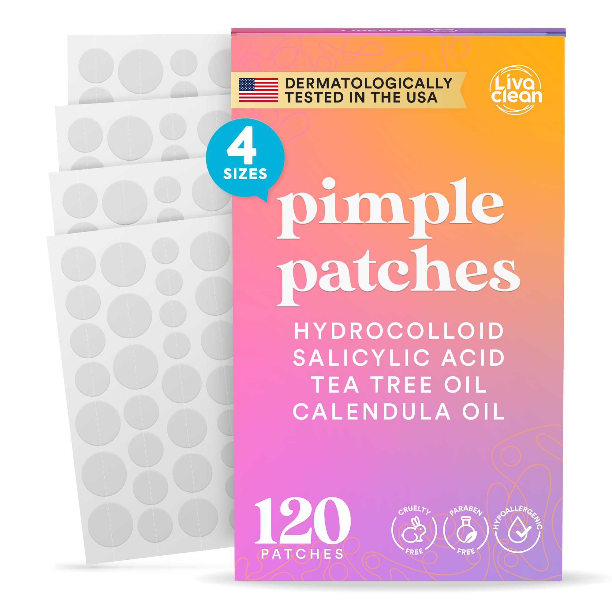 Livaclean 120 CT Pimple Patches for Face w Salicylic Acid Tea Tree Calendula Oil - Four Sizes Zit