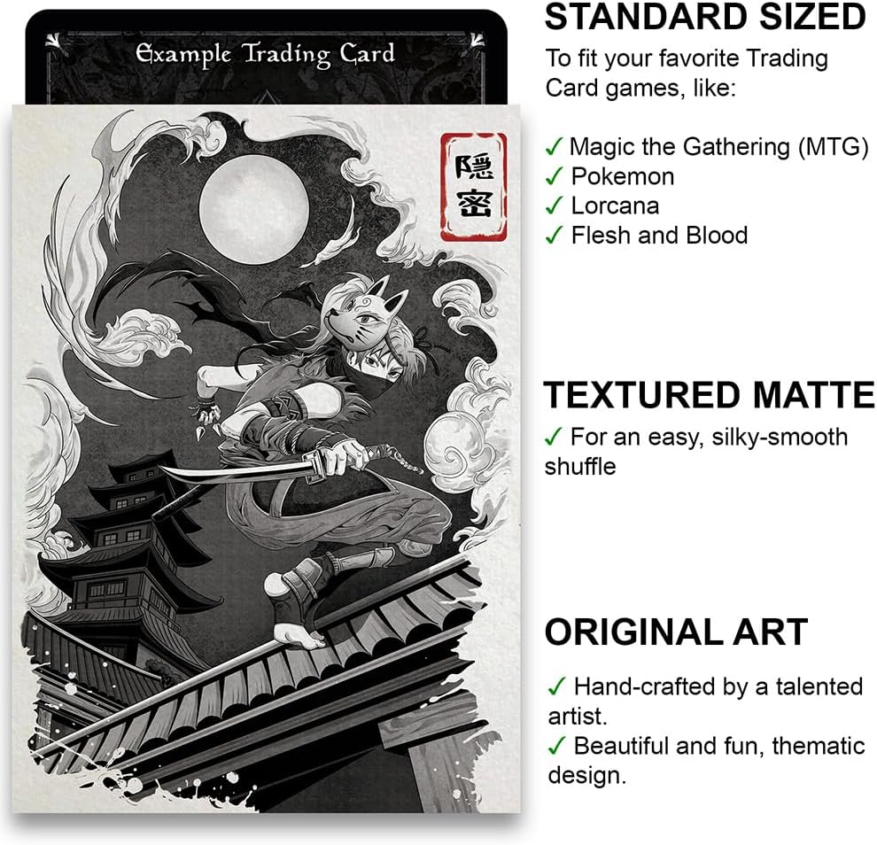Fantasy North - Kunoichi's Mission - Japanese Inked Yokai Series - Ninja - 100 Textured Matte TCG Card Sleeves - Fits Magic MTG Commander Pokemon and Other Card Games - Playing Card Sleeves