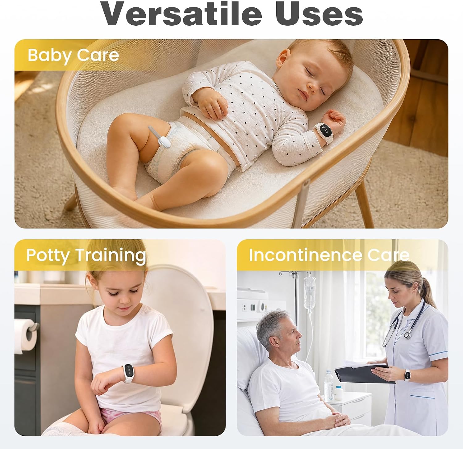 VelvySoffy Bedwetting Alarm for Boys and Girls, Incontinence, Vibration & Beep Alerts, High Sensitivity & Comfortable Wireless Sensor, Skin-Friendly Wristband Potty Training Alarm for Kids (White)