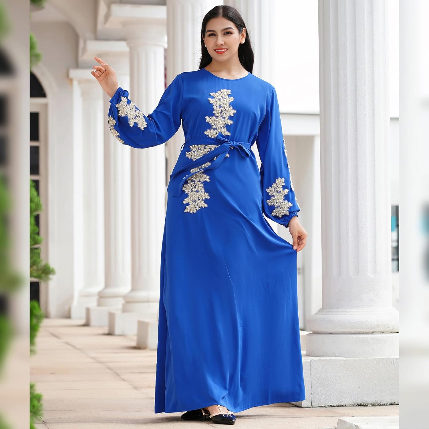 Abaya Dress for Women Floral Embroidery Muslim Robe Eid Ramadan Prayer Islamic Clothes Dubai Attire Turkish Jalabiya Royal Blue Large image 3 of 6 B0CQ4LDZP3