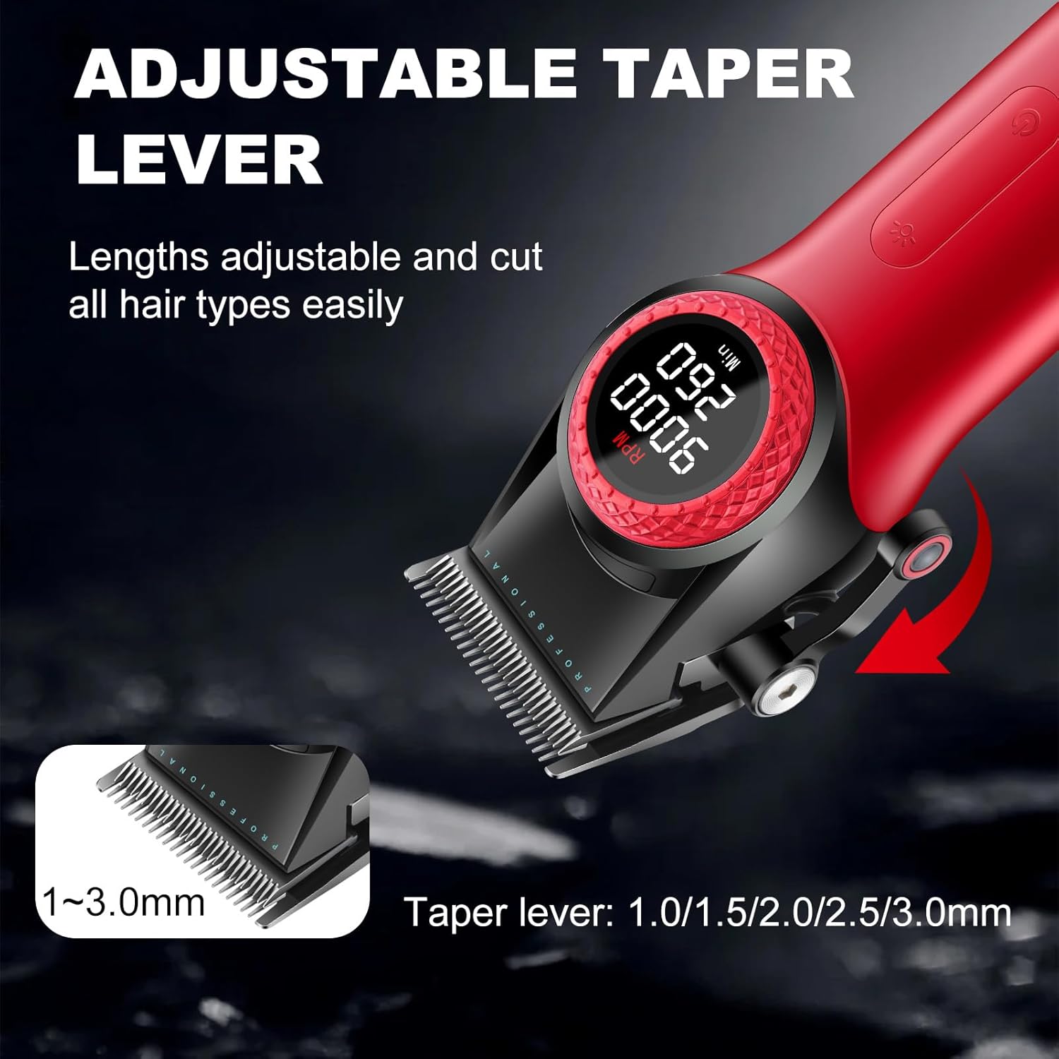 VGR 001 Professional Hair Clippers for Men, Cordless Barber Clippers for Hair Cutting, Carbon Steel Blade Hair Trimmers for Barbers, 9000RPM, LED Display, Red