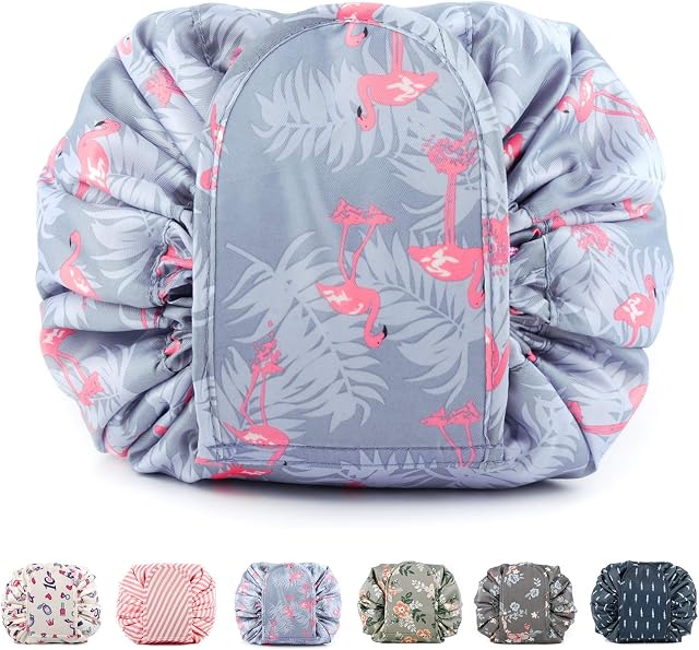 Portable Lazy Drawstring Makeup Bag Travel Cosmetic Pouch Toiletry Organizer Waterproof Large for Women and Girls (A-Flamingo)