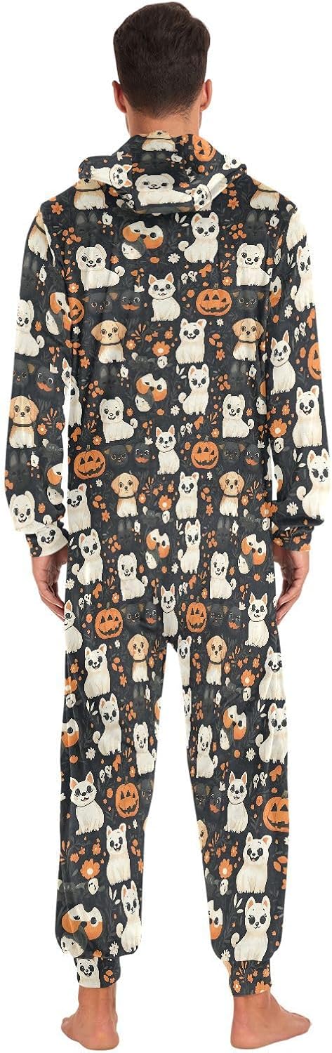 Halloween Pumpkin Black White Dog Zipper Hooded Adult Jumpsuit Pajamas with Pockets XS-3XL