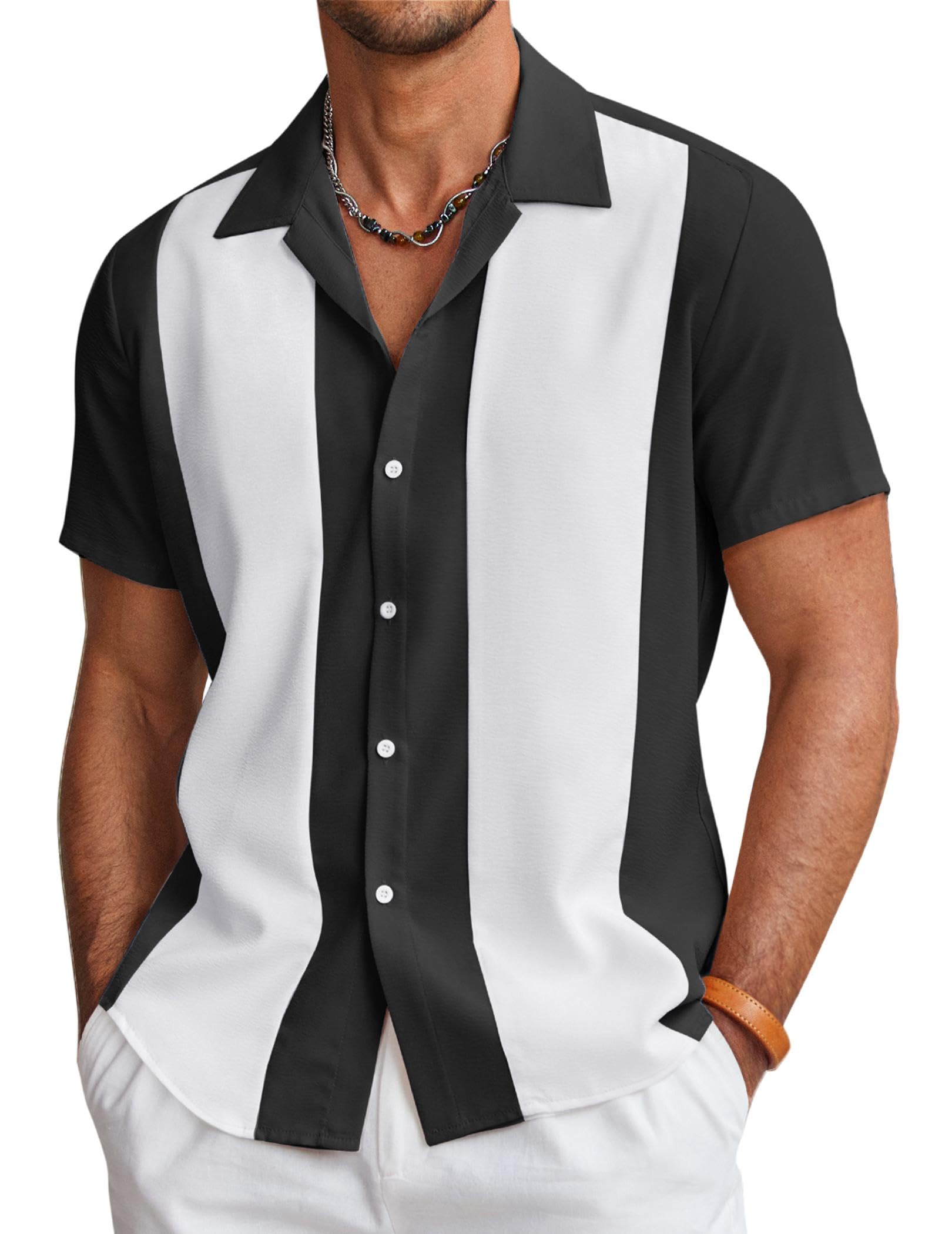 COOFANDY men's casual button-down retro bowling shirt in black and white | Mubboo