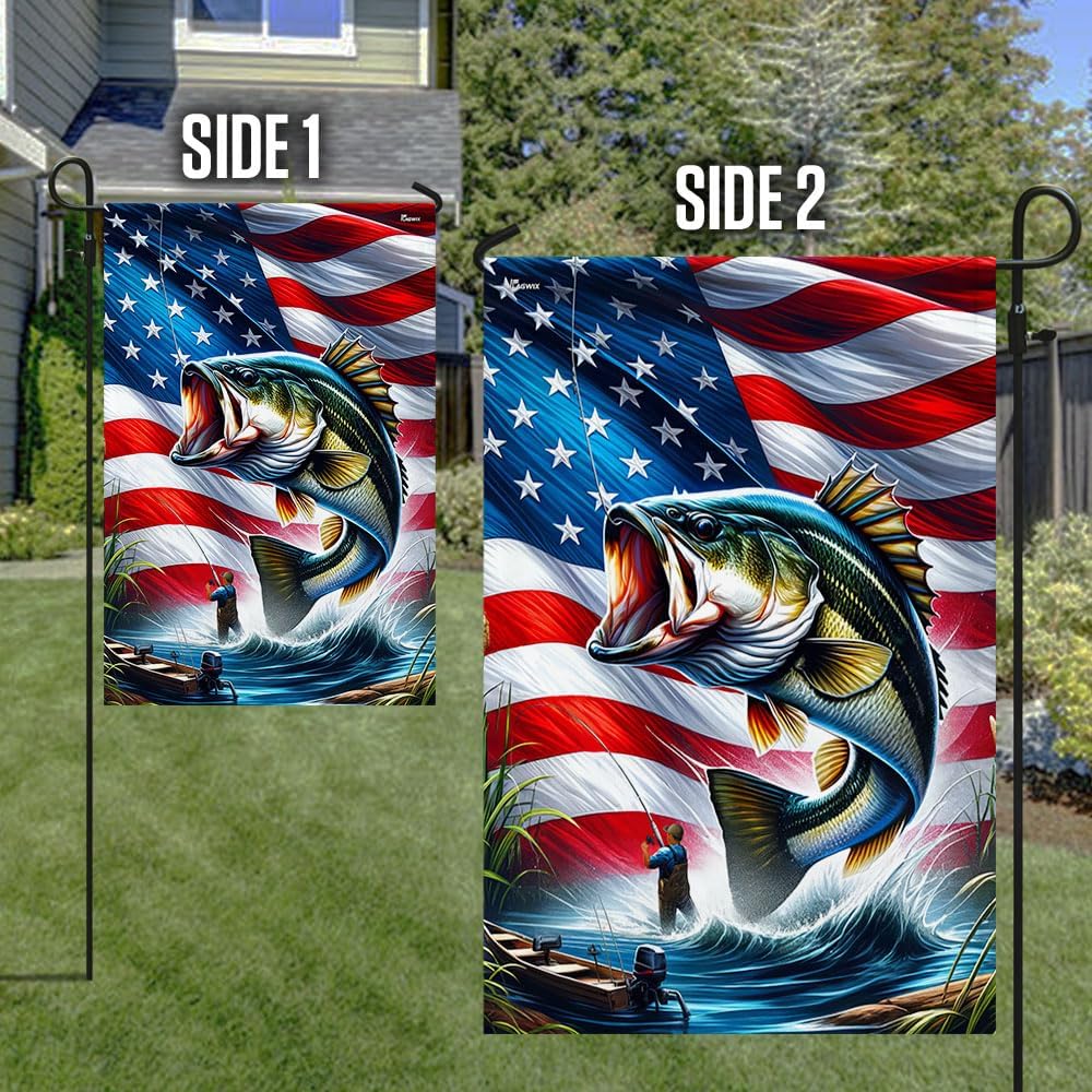 American Flag-Bass Fishing American Flag MLN2930F, Garden Flag (11.5" x 17.5")-USA Flags Premium Polyester-Decorative Indoor Outdoor Flag