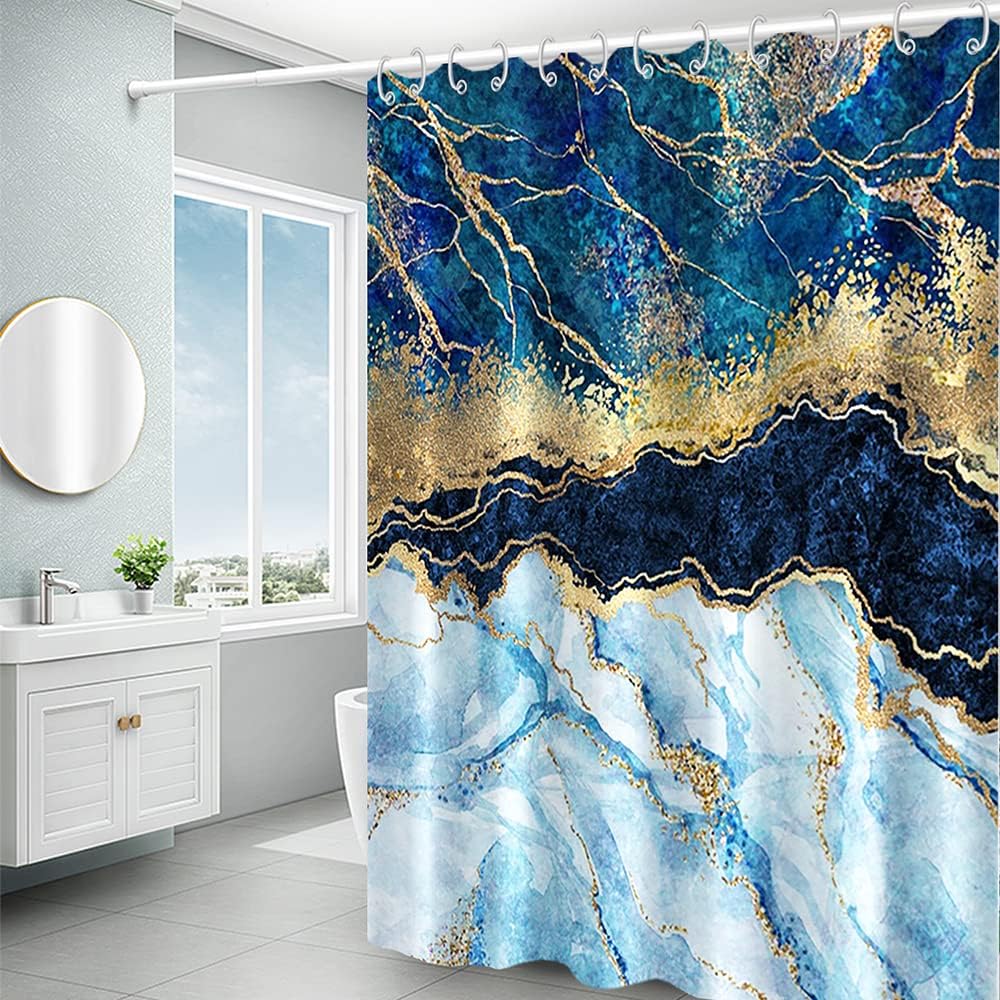 Blue Shower Curtain, Navy Blue Marble Shower Curtain for Bathroom Stall RV Abstract Gold Art Decor Waterproof Fabric Shower Curtain Set with Hooks 72x72 inches