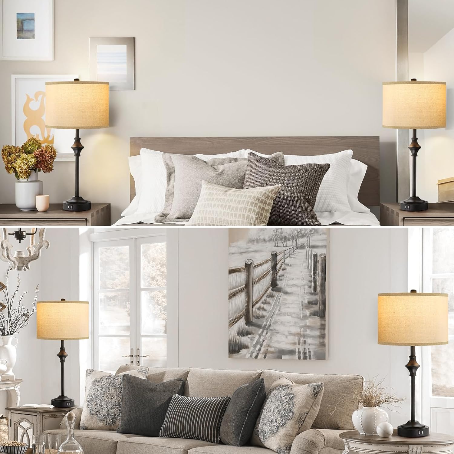 26" Farmhouse Table Lamps for Bedrooms Set of 2, Tall Rustic Bedside Lamps with 3-Color Temperatures, Nightstand Lamp with Dual USB Ports for Living Room End Table, Bulbs Included