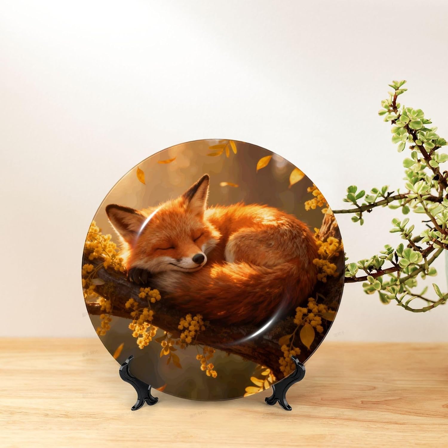 The Fox Sleeps Style Ceramic Plate Display Decorative Plate With Stand Wall Hanging Plate For Home Decor 10 Inch