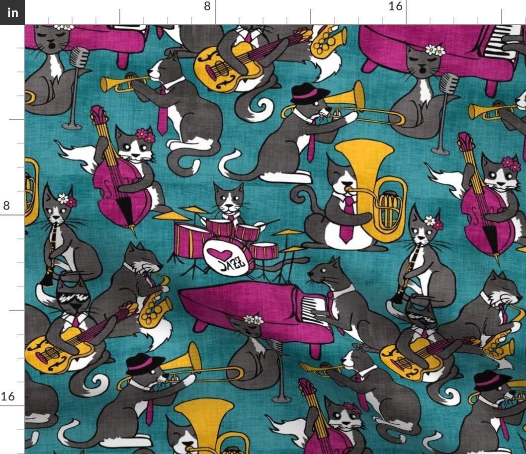 Spoonflower Fabric - Cat Jazz Music History Piano Trumpet Tuba Saxophone Teal Magenta Kitty Printed on Petal Signature Cotton Fabric by The Yard - Sewing Quilting Apparel Crafts Decor