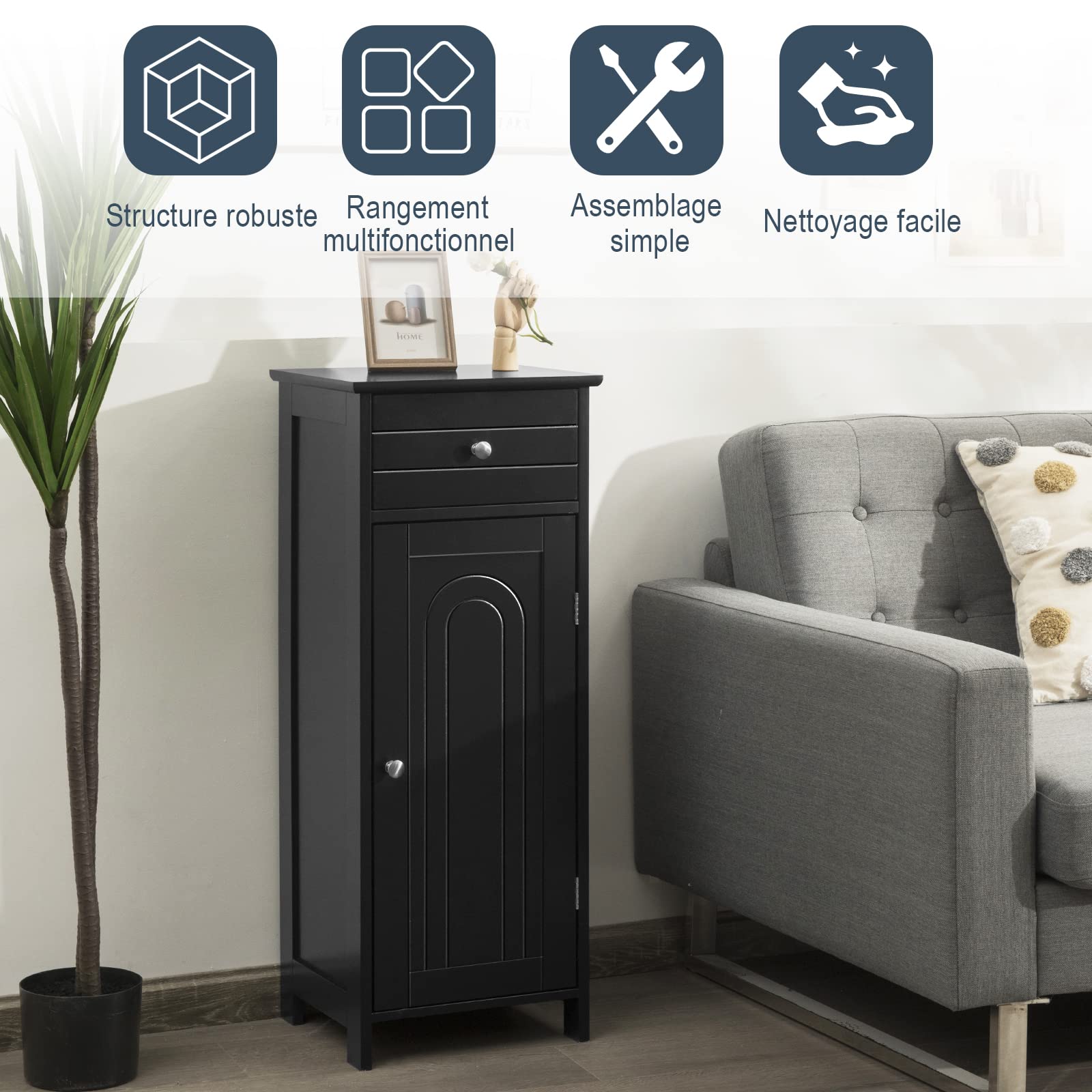 COSTWAY Meuble de Salle de Bain en Bois sur Pieds, Armoire de Rangement à Porte avec Grand Tiroir, 2 Étagères Réglables et Dispositif Anti-Dumping, 35,6 x 30,5 x 88 cm (Noir)