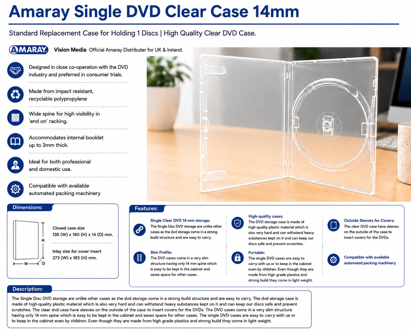 Custodia singola per DVD, trasparente, dorso: 14 mm, confezione da 25 pezzi