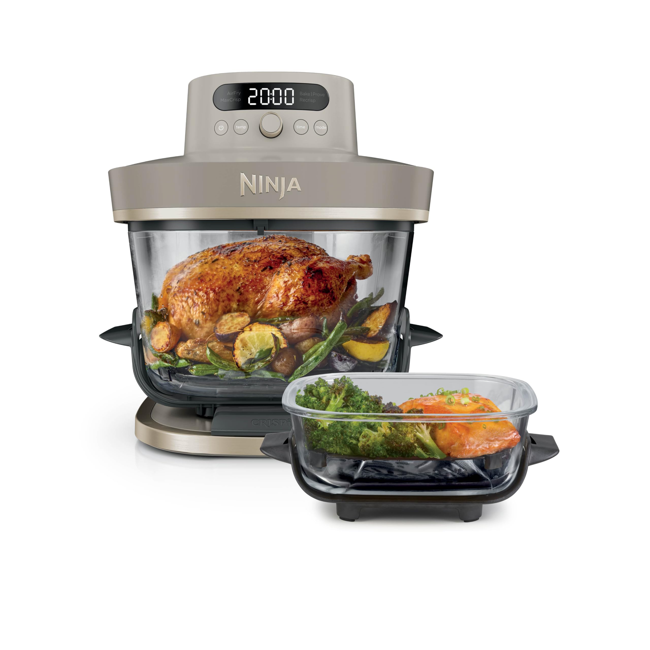 Ninja CRISPi PRO XL, Friteuse sans huile, bols 5,7l et 2,3l AS090EUSD | 5 modes de cuisson prédéfinis, avec contenants en verre CleanCrisp de 5,7 l et 2,3 l, couvercles de rangement, Stone/Or