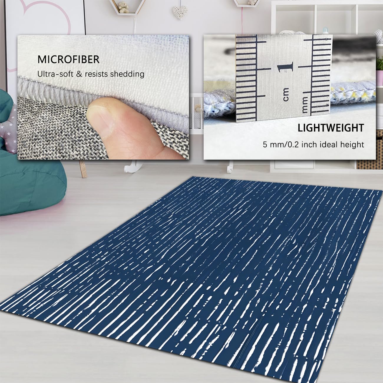 180x210cm Descente de lit Bleu marine Rayures abstraites Poils courts