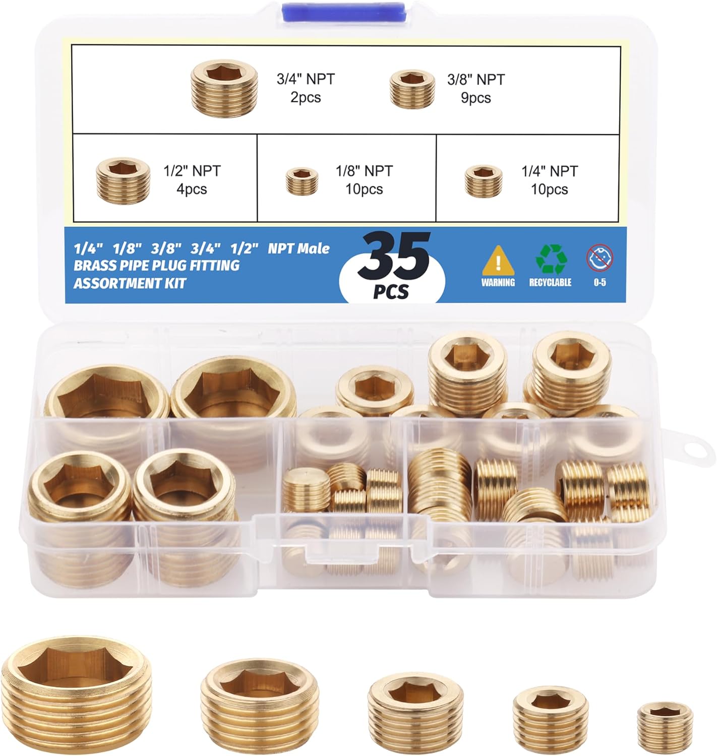 25Pcs 304 Stainless Steel Pipe Plug Fittings Assortment Kit,5 Sizes 1/8" 1/4" 3/8" 1/2" 3/4" NPT Male Internal Hex Thread Socket Pipe Plug Set