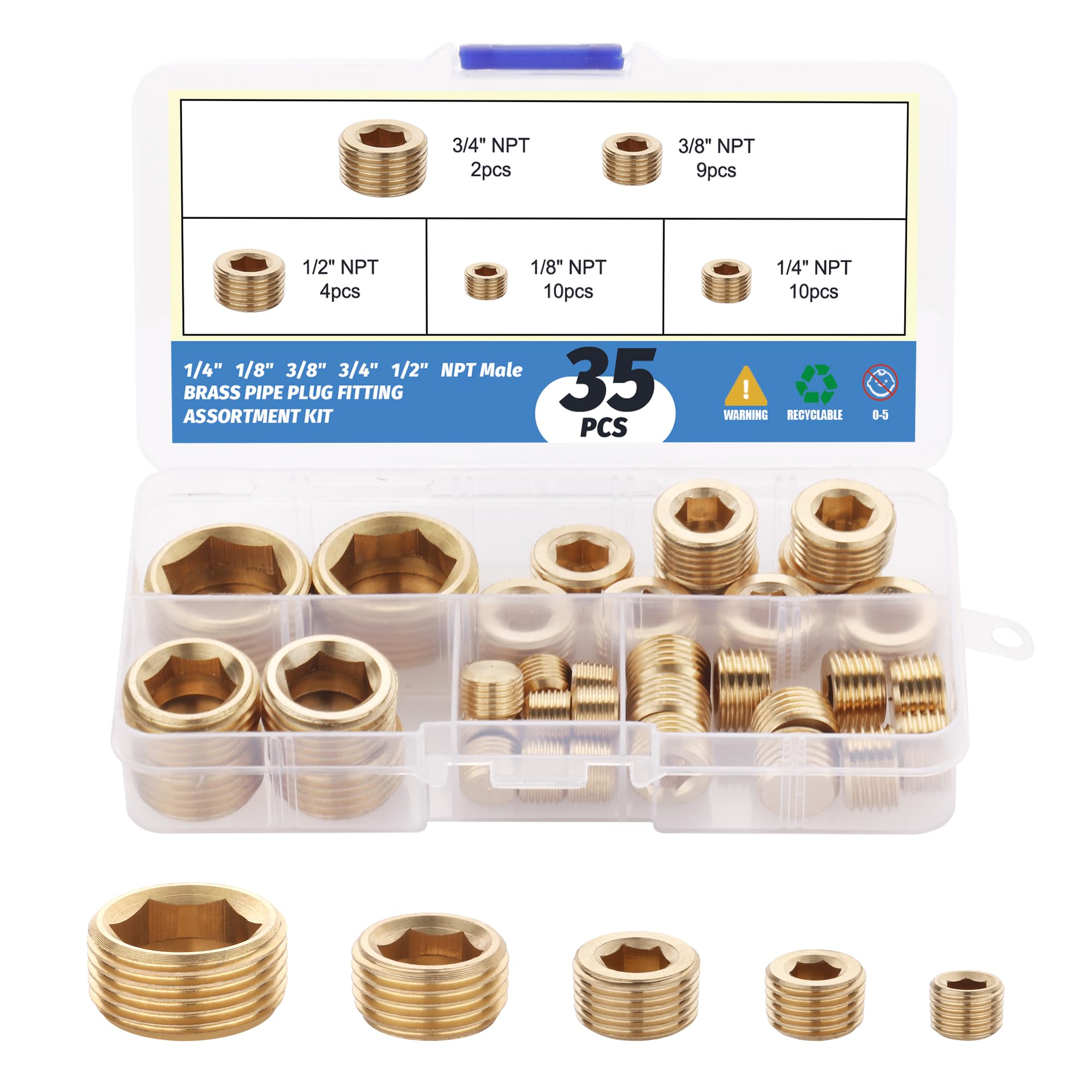 Ailbiuko 35Pcs Brass Pipe Plug Fitting Assortment Kit,1/8" 1/4" 3/8" 1/2" 3/4" NPT Male Internal Hex Thread Socket Pipe Plug Set,5 Sizes